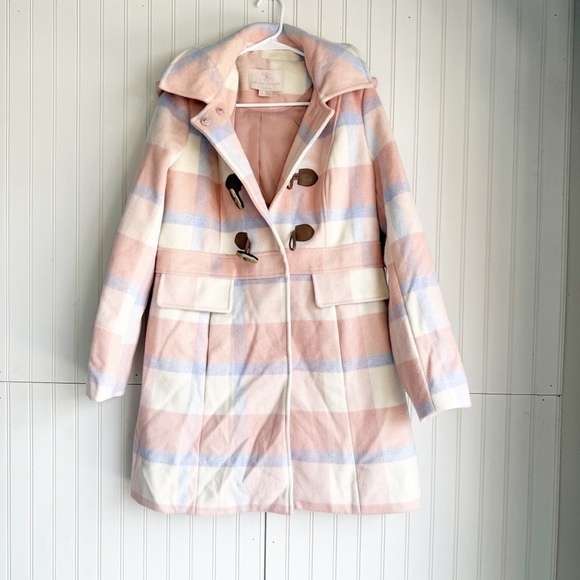 Gal Meets Glam Size L Pink Annelise Plaid Wool Hooded Coat NEW! - Picture 3 of 8